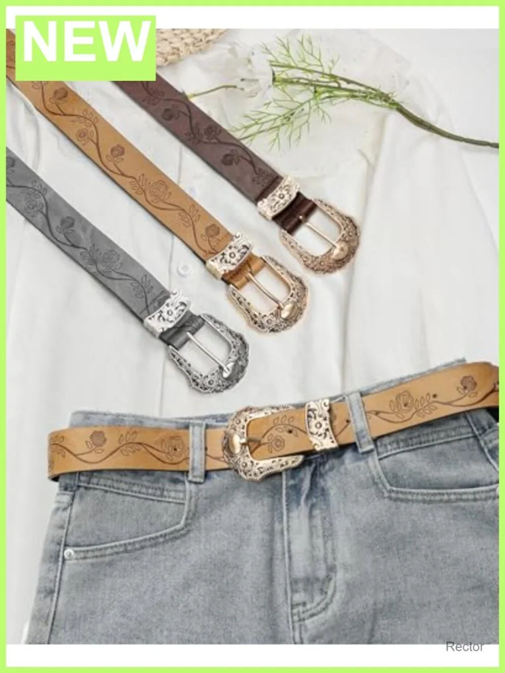 Vintage Cowgirl Western Belt for Women Gold Buckle PU Leather Floral Embossed